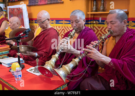 Nepalese monaci buddisti riprodurre strumenti tradizionali quali il corno gyaling durante un servizio di preghiera. Presso lo Sherpa Kyidug tempio in NYC. Foto Stock