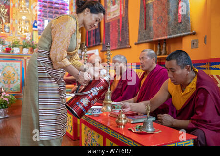 Un attraente donna Nepalese versa il tè per i monaci che stanno conducendo una mattina di preghiera presso lo Sherpa Kyidug tempio in NYC. Foto Stock