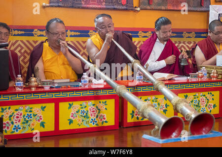 Nepalese monaci buddisti riprodurre il tradizionale dungchen long horn durante un servizio di preghiera. Presso lo Sherpa Kyidug tempio in NYC. Foto Stock