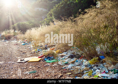 Lo scarico illegale di rifiuti in ambiente naturale. Volare il ribaltamento, bad mamagement rifiuti, discariche illegali, questioni ambientali. Foto Stock