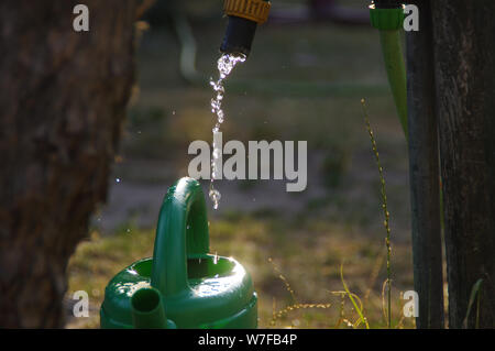 Gocce di acqua riempire il verde annaffiatoio nel giardino di casa. Rurale scena. La siccità e il concetto di ecologia. Foto Stock