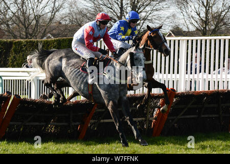 La parrocchia di san Michele Ospizio di Carità Raceday - Hereford Racecourse. La Radbourne Mares dell' handicap Hurdle Race - Tom O'Brien su Tikk Tock braccio (3) ha vinto la gara, jumpng qui a fianco di Abbie McCain sulla stessa Circus. Foto Stock