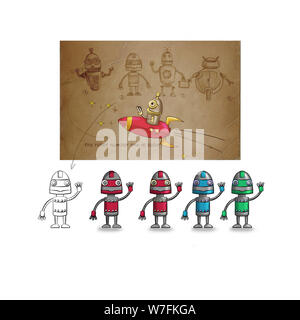 Concetto il robot ha volato su un razzo, diverse pose Foto Stock