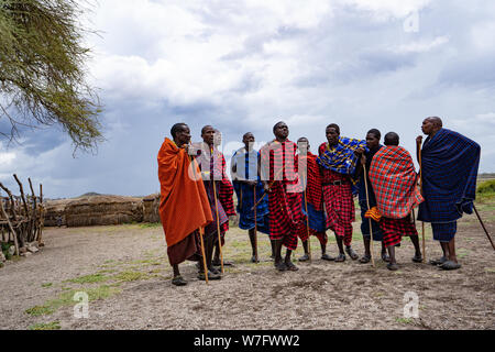 Tradizionale Masai Jumping danza in un villaggio Masai, Tanzania Africa orientale Foto Stock