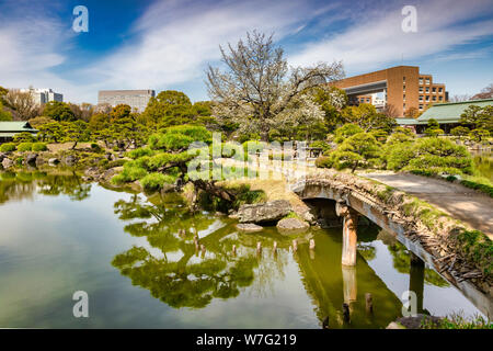 5 Aprile 2019: Tokyo, Giappone - Stagno e ponte in giardino Kiyosumi, uno stile tradizionale giardino paesaggistico in Tokyo. Foto Stock