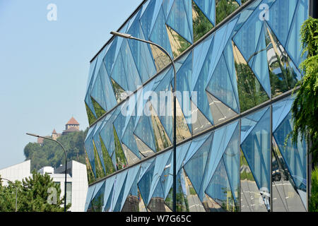 24 luglio 2019, il Liechtenstein VADUZ: Il Principato del Liechtenstein è di 300 anni. Essa è stata fondata il 15 agosto 1719, tra la Svizzera e l'Austria. La capitale è Vaduz, dove il moderno e architettura storica si completano a vicenda. La foto mostra la facciata di Renag AG. A sinistra sullo sfondo il castello di Vaduz. Foto: Volkmar Heinz/dpa-Zentralbild/ZB Foto Stock