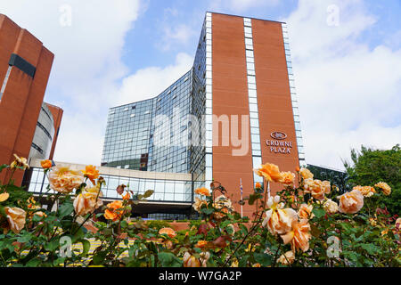 Crowne Plaza Hotel vicino al Centro Congressi Harrogate con le Rose arancioni in primo piano, Kings Road, Harrogate, North Yorkshire, Inghilterra, REGNO UNITO. Foto Stock