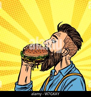 Hipster uomo mangiare hamburger Illustrazione Vettoriale