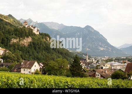 La città di Vaduz, Liechtenstein, nelle alpi tra Svizzera e Austria, come osservata dal royal vigneti. Il castello è in alto a sinistra. Foto Stock