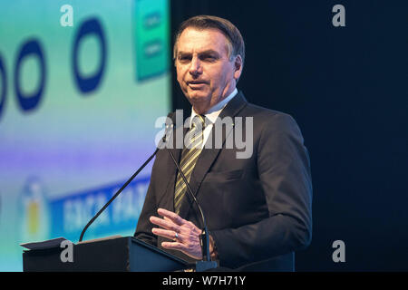 Sao Paulo, Brasile. Il 6 agosto, 2019. Il presidente della repubblica del Brasile, Jair Bolsonaro PSL, partecipa alla cerimonia di apertura della XXIX CONGRESSO e ExpoFenabrave, al Transamerica Expo Center, in Sao Paulo. Credito: Dario Oliveira/ZUMA filo/Alamy Live News Foto Stock