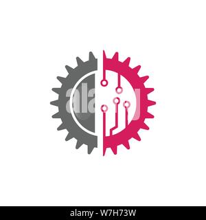 Moderna tecnologia industriale con la marcia e il circuito elettronico di logo design illustrazione del modello Illustrazione Vettoriale