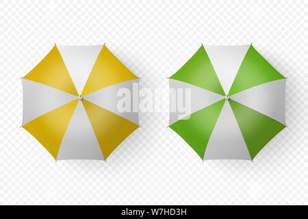 Vettore 3d rendering realistico bianco, giallo, striscia verde ombrello Vuota Imposta icona Closeup isolato su sfondo trasparente. Modello di progetto di aperto Illustrazione Vettoriale