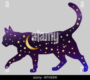 Il Cat-notte. Cat sagome dipinte con un cielo notturno con stelle e un giovane luna Illustrazione Vettoriale