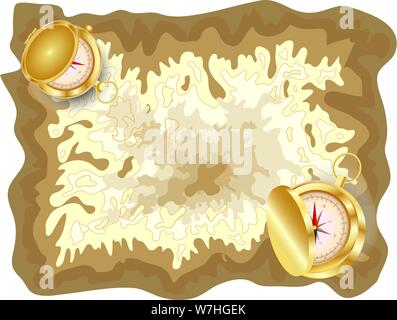 Pirate mappa vecchia su pergamena gialla con bussola dorata giacente su di esso con un leggero coperchio aperto, i messaggi crittografati Illustrazione Vettoriale