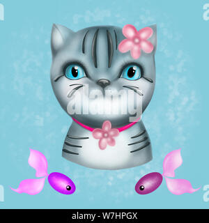 Illustrazione Digitale di un Gatto bengala testa con strisce e le ombre su un blu tessiturali sfondo. Foto Stock