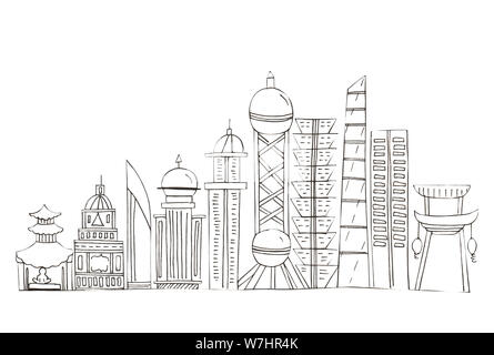 Illustrazione del disegno del contorno nero lo skyline della città su un isolato bianco sullo sfondo. Foto Stock