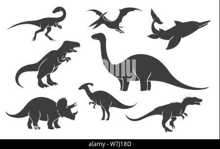 Silhouette Dinoussaur set. Era Mesozoica raptor sagome, antica rex pangolin vettore illustrazioni nero Illustrazione Vettoriale