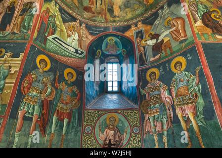 Affreschi nella chiesa di esaltazione della Croce, Moldava Patrauti monastero del XV secolo, Patrauti, Romania Foto Stock