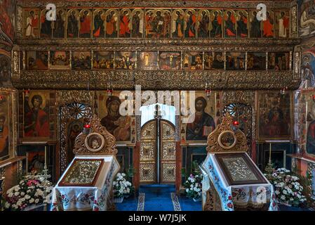 Tabelle di preghiera davanti all altare parete nell'Umorismo Monastero Ortodosso Rumeno convento, 1530, Gura Humorului, Romania Foto Stock