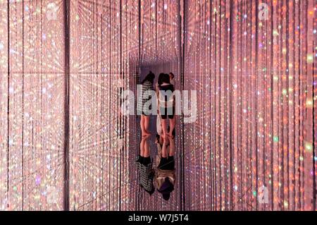 Installazione LED, visitatori presso la Digital Art Museum, TeamLab pianeti, Koto City, Tokyo, Giappone Foto Stock