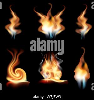 Vector realistico fiamme di fuoco raccolta isolati su sfondo nero. La masterizzazione spruts di effetto di fiamma con bagliori. Graphic design clip art per il web un Illustrazione Vettoriale