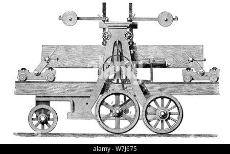 Macchina segatrice dal 1885, dalla società Robinson, 1880, storico xilografia, Inghilterra Foto Stock