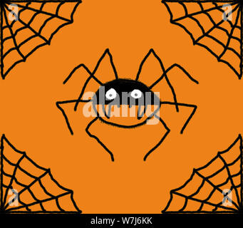 Disegnata a mano spider web illustrazioni con una crociera nel centro. Nero e web spider con un sfondo arancione Foto Stock