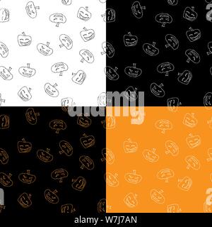 Set di quattro casuale modelli senza giunture. Zucca di Halloween. Zucca di Halloween di contorno senza giunture in una disegnati a mano stile. Ottobre harvest sfondo. Vettore Illustrazione Vettoriale