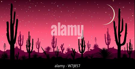 Deserto, cactus, stelle di notte. Notte stellata oltre il deserto messicano. Sagome di pietre, cactus e piante. Il paesaggio del deserto con cactus. Deserto pietroso. Illustrazione Vettoriale