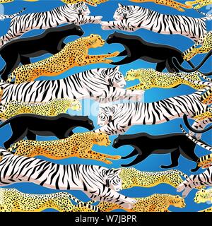 Seamless luminoso modello nella giungla delle pantere, ghepardi e tigri su uno sfondo blu. Modello per la carta da parati, tessuto o pagina web. Illustrazione Vettoriale