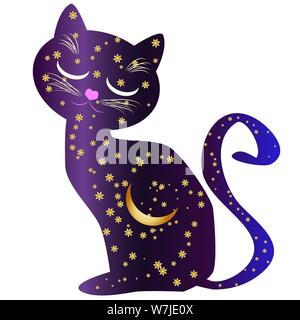 Il Cat-notte. Cat sagome dipinte con un cielo notturno con stelle e un giovane luna Illustrazione Vettoriale