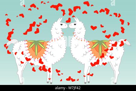 Due Amanti bacio llama circondato da cuori. Amore nell'aria, cartolina per il giorno di San Valentino Illustrazione Vettoriale