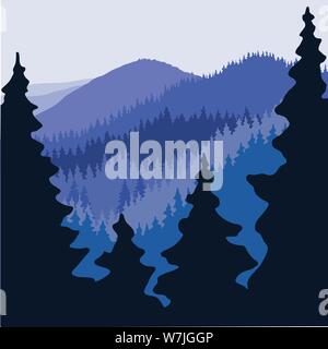 Layered montagne coperte di bosco con grandi alberi di pelliccia in primo piano. Illustrazione Vettoriale