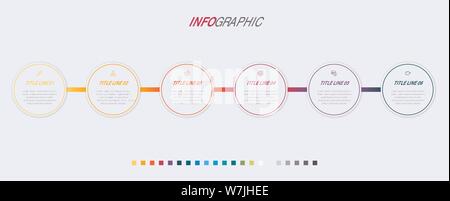 Timeline infografico vettore di design. 6 passaggi per il flusso di lavoro arrotondati layout. Infografico vettore timeline modello. Illustrazione Vettoriale