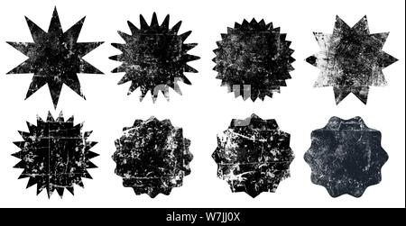 Set di nero starburst grunge timbri su sfondo bianco. Set di icone sul web. Scudetti e le etichette di varie forme. Illustrazione Vettoriale Illustrazione Vettoriale