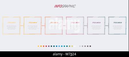 Schema colorati, modello infografico. Timeline con 6 opzioni. Piazza del processo del flusso di lavoro per il business. Il design del vettore. Illustrazione Vettoriale