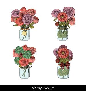 Disegnato a mano stile doodle mazzi di fiori diversi, succulenti,peonia,rosa,dalia. isolato su sfondo bianco. stock illustrazione vettoriale Illustrazione Vettoriale