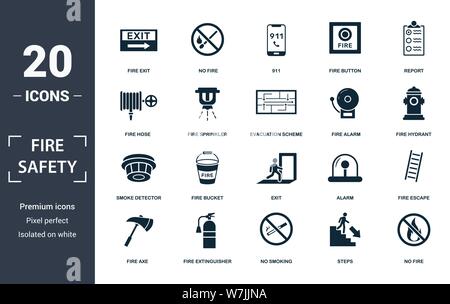 Sicurezza antincendio icon set. Contengono riempito piatto rivelatore di fumo, fuoco flessibile, fire escape, allarme, nessun incendio, sprinkler, pulsante di fuoco icone. Formato modificabile Illustrazione Vettoriale
