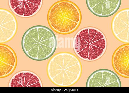 Modello senza cuciture con maturi, luminoso, succosa, colorata, grandi fette di Citrus limetta, limone, arancio, grapeprut Illustrazione Vettoriale