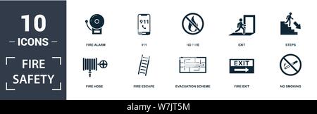 Sicurezza antincendio icon set. Contengono riempito 911 piana, fire escape, nessun incendio,, uscita, non fumare icone. Formato modificabile Illustrazione Vettoriale