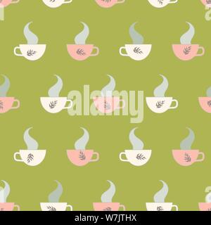Vettore di seamless pattern con teacups calda e vapore Illustrazione Vettoriale