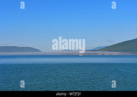 Nebbia di mattina su Salish mare nei pressi di Anacortes, Washington, Stati Uniti d'America Foto Stock