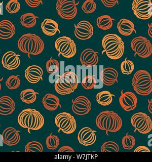 Vettore di seamless pattern di Halloween con zucche su sfondo scuro Illustrazione Vettoriale