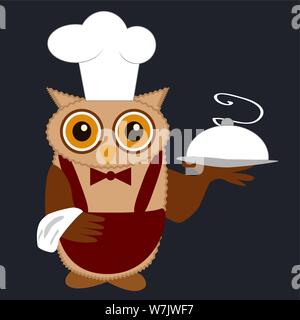 Owl Chef in uno chef della PAC con un piatto fragrante Illustrazione Vettoriale