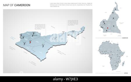 Set di vettore del Camerun paese. Vista isometrica mappa in 3d, Camerun mappa, mappa Africa - con regione, stato nomi e nomi di città. Illustrazione Vettoriale