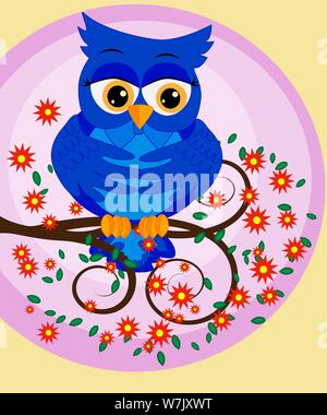 Luminose, cartoon, bella blu owl-ragazzo con bellissimi occhi seduto su una fioritura il ramo di un albero Illustrazione Vettoriale