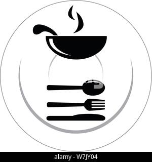 Ristorante segno con la piastra, cottura, cucchiaio, coltello e forchetta Illustrazione Vettoriale