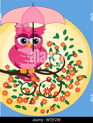 Luminose, cartoon, bella rosa owl con begli occhi seduto sotto un ombrellone in una fioritura il ramo di un albero Illustrazione Vettoriale