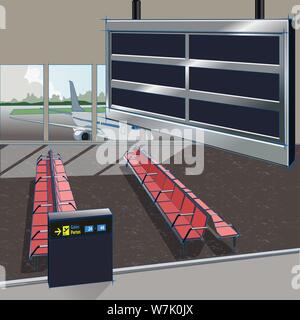 Aeroporto di destinazione della scheda di visualizzazione che si affaccia su un aeroporto area di attesa con posti a sedere e finestre che si affacciano su aeromobili e piste. Illustrazione Vettoriale