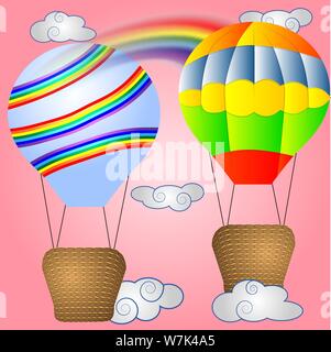 Due luminose, cartoon, grandi palloncini volumetrica con un cestello nel cielo tra nuvole bianche e un arcobaleno. Volare, felicità, libertà Illustrazione Vettoriale